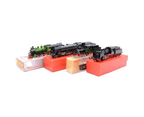 Fleischmann and other HO gauge model railway locomotives, four including Russian 4-6-0 steam locomotive and tender no. 0243, 