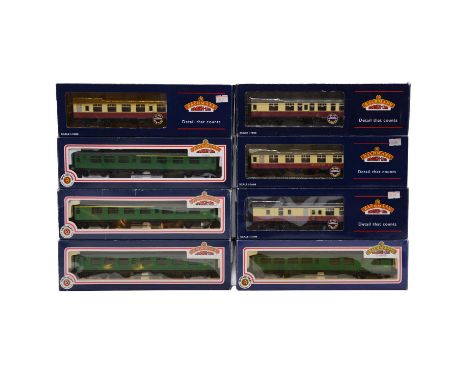 Bachmann OO gauge model railway passenger coaches, eight including 34-551 BR Bulleid corridor composite coach; ref. 34-550 BR