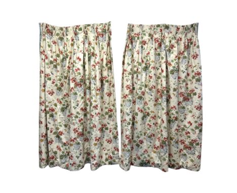 A pair of Colefax & Fowler pinch pleated Hallerton Supurb pattern curtains in blue, green & cream, lined & interlined, 70cms 