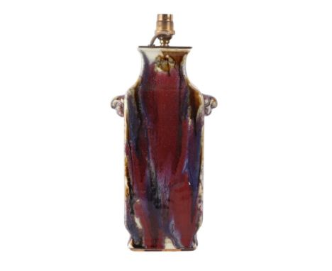 A Chinese flambe glazed square form vase, converted to a table lamp, 30cms high excluding fittings.Condition ReportThere are 