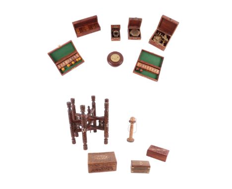 A modern brass sextant, boxed, a modern brass compass, boxed,  a brass map viewer, boxed and other items