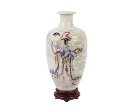 A Chinese Republic baluster vase decorated with robed ladies amongst clouds, red seal mark to the underside, on a hardwood st