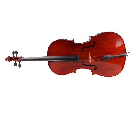 A student's cello and bow, in a soft carry case, 124cms high.