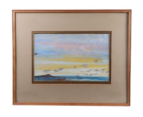 Willian Edward Bacon ( late 19th century British ) - Evening Glow - seascape with central ship, watercolour, framed and glaze