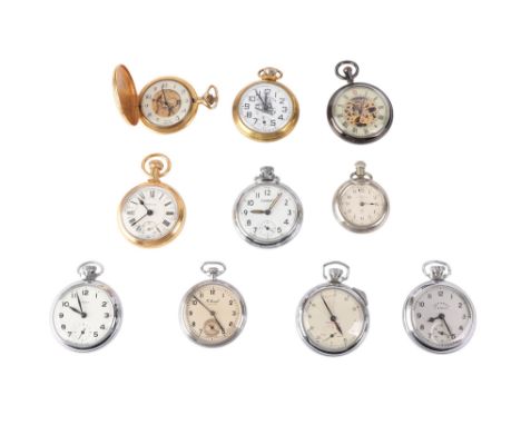 A group of open faced pocket watches to include Rail Master, Westclox, Combat and Timex; together with an Avia full hunter po