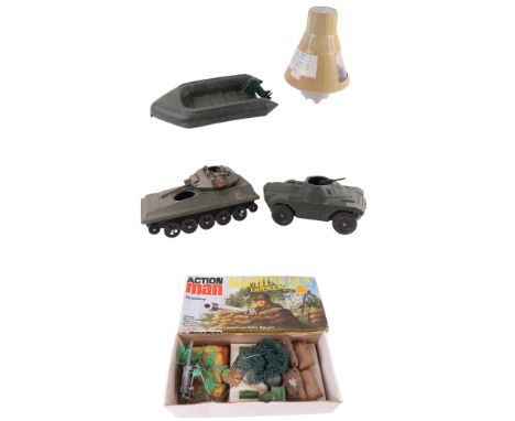 A quantity of vintage Action Man vehicles to include Machine Gun Emplacement, dinghy and Amphibious Vehicle.