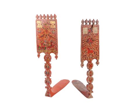 A Russian folk art painted pine distaff or yarn winder, decorated with a horse, birds and foliate scrolls, 90cm high; togethe