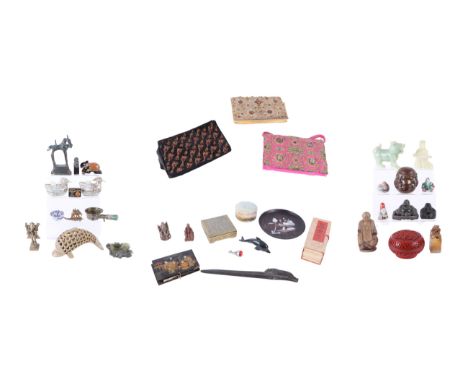 A quantity of assorted Chinese collectables to include a cinnabar box and cover, embroidered purses, a mother of pearl duck, 