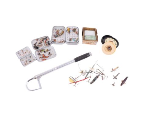 A Wheatley Silmalloy fly box containing salmon trout flies; together with two smaller, fishing lures, and an aluminium telesc
