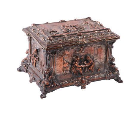 A 19th century continental copper casket (formerly silver plated) decorated in relief with tavern scenes, 23cms wide.