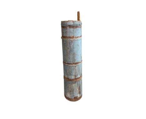 A large metal bound butter churn, 89cms high.