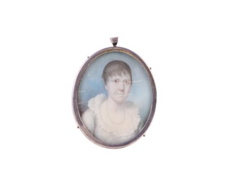 A late 18th century portrait miniature on ivory depicting a woman wearing a pearl necklace, 6.5 by 7cms.  Ivory Submission re