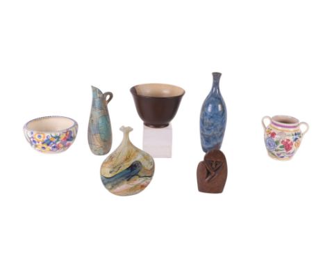 A Poole Pottery bowl, a Poole Pottery twin handled vase, together with Studio pottery, to include a jug by Jamie Ramsey.Condi