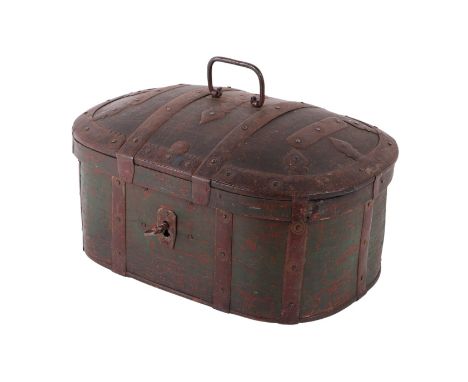 An early 19th century Scandinavian dome topped iron bound strong box or casket with remains of green painted decoration, with