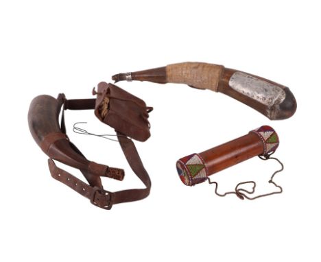 A South African Zulu tribal double ended wooden storage container, the end cap with fine beadwork, 20cms overall length; toge