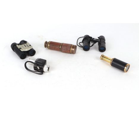 An R & J Beck Ltd three-draw telescope; a small two-draw telescope; a Lumex wide angle monocular and two pairs of modern bino