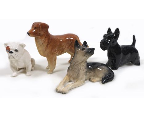 A group of four Beswick dogs, comprising 'Bulldog', model 1872, white, pale tan ear and around eyes - gloss, a 'Retriever', m