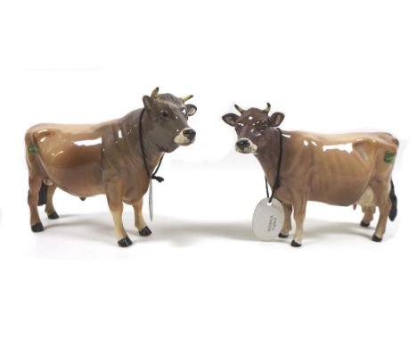 Two Beswick bulls, comprising a 'Jersey Bull Ch. "Dunsley Coy Boy" ', model 1422, light brown with shading and darker head - 