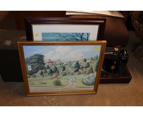 A framed and glazed oil entitled "Gardens"; and a framed and glazed print "Lamp Lit Bridge"