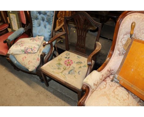 A Victorian walnut button back armchair; and a mahogany Hepplewhite style elbow chair AF 
