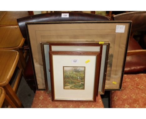 A quantity of pictures and prints; watercolour study signed J.R. Bradley 1984 and a coaching print "Going Well"