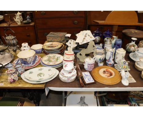 A large quantity of various china; First Aid cupboard; scales and weights; and a carving set 