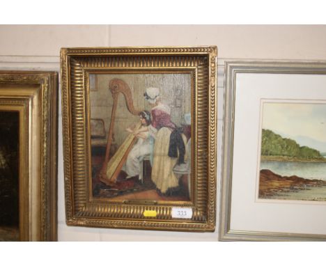 A gilt framed print "Melody" a study of a young girl playing the harp with attendant maid