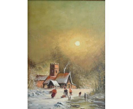 Seekatz, Günter (1928) "Schneelandschaft", mit spielenden Kindern, Öl auf Holz, links unten signiert, 23x17cm, 39x33cm (mit R