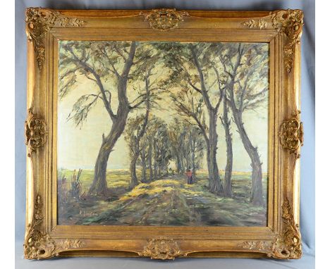 Linden, K. (20. Jahrhundert) "Allee" mit Personenstaffage, im Hintergrund Berge, Öl auf Leinwand, links unten signiert, 70x80