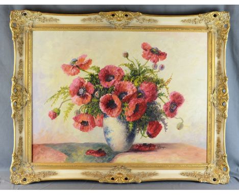 Krüger, R. (20. Jahrhundert) "Mohnblumenstrauß", in eiförmiger Vase, rechts unten signiert R. Krüger, Öl auf Leinwand, 60x80c