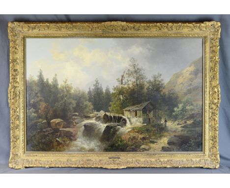 Thoma, Josef (1828 - 1899 Wien) "Gebirgsbach“ mit Holzarbeitern, Öl auf Leinwand, rechts unten signiert, 70x108cm (Gemälde), 