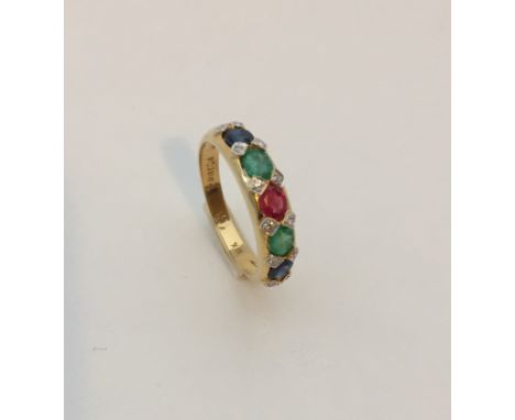 2 Sapphires 2 Emeralds 1 Ruby 10 round brilliant cut diamonds 18k yellow gold Total weight: 2.9 grams Size:N