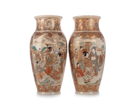 PAIR OF JAPANESE SATSUMA VASES, LATE 19TH/EARLY 20TH CENTURY  of baluster form, painted with panels of warriors and figures i