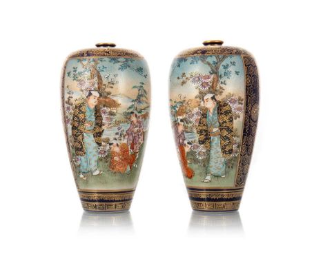 PAIR OF JAPANESE SATSUMA VASES, 19TH CENTURY decorated with panels of male figures and bijin against a gilt highlighted navy 