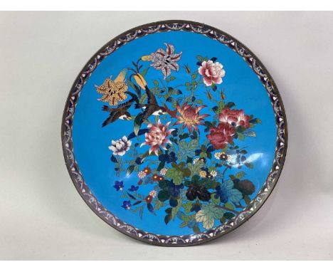JAPANESE CLOISONNE CHARGER, 20TH CENTURY of shaped circular form, depicting two birds in flight, amongst flowers and foliage,