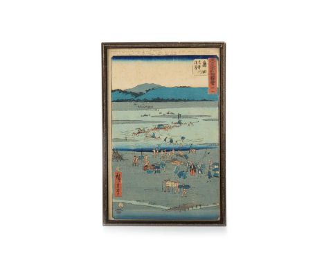 UTAGAWA HIROSHIGE (JAPANESE 1979-1858), THE SURUGA BANK OF THE OI RIVER NEAR SHIMADA woodblock print from the series "Gojusan