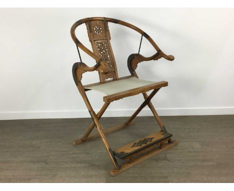 CHINESE HARDWOOD MING-STYLE FOLDING HORSESHOE-BACK CHAIR, 20TH CENTURY with large curved crestrail with rounded flattened end