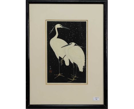 JAPANESE WOODBLOCK PRINT, 19TH CENTURY depicting two herons by Gakusui Ide, framed and under glass65cm x 49cm Foxing evident 