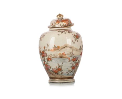 JAPANESE SATSUMA LIDDED VASE, MEIJI PERIOD (1868 - 1912) of baluster form, painted with a continuous river scene with floweri