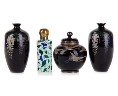 CHINESE MINIATURE CLOISONNE LIDDED JAR, 19TH CENTURY decorated with a continuous scene of cranes in flight, along with a pair