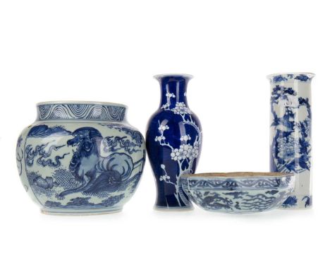 GROUP OF CHINESE BLUE AND WHITE CERAMICS, 18TH - 20TH CENTURY comprising an octagonal lid, decorated with dragons chasing the