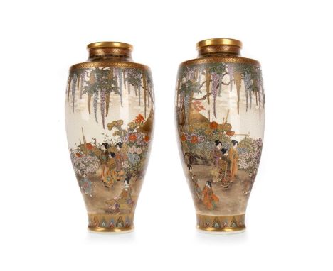 PAIR OF JAPANESE SATSUMA VASES, MEIJI PERIOD (1868 - 1912) of tapered form, decorated with a continuous scene of ladies and c