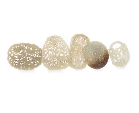 GROUP OF FIVE CHINESE JADE PIECES, 19TH/20TH CENTURY each with individual carved scenes, one carved with a deer, birds and fo