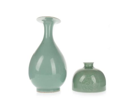 TWO CHINESE CELADON VASES, 20TH CENTURY one of bottle shaped form, the smaller with character mark to baselargest 25.6cm high