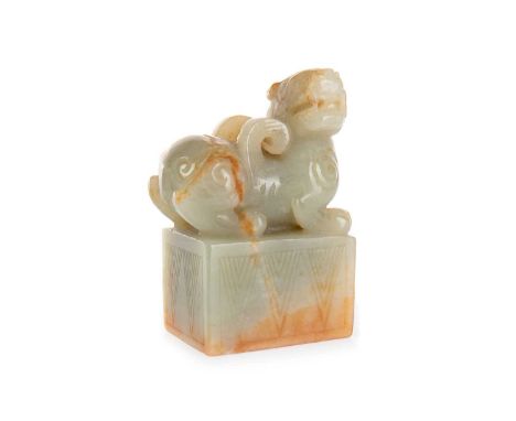 CHINESE JADE SEAL, YUAN / MING STYLE modelled as a winged beast, sat on a rectangular shaped base7.7cm, high