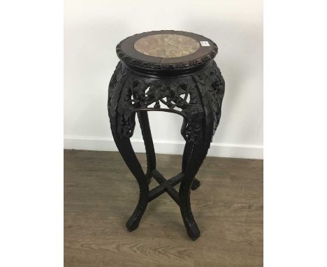 CHINESE HARDWOOD PLANT STAND, 20TH CENTURY with marble inset top, with pierced floral and scroll detail, on cabriole legs77cm