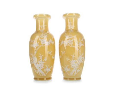 PAIR OF CHINESE YELLOW GLAZE VASES, LATE 19TH CENTURY each decorated with trees, flowers and birds, character mark to base26c