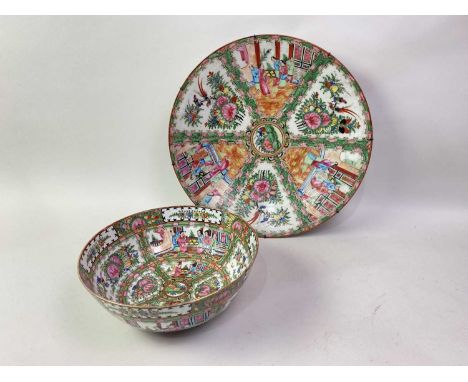 CHINESE CANTON ROSE MEDALLION PUNCH BOWL AND CHARGER, LATE 19TH CENTURY decorated with reserves of figures, birds and flowers