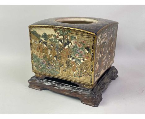 LARGE JAPANESE SATSUMA PLANTER, MEIJI PERIOD (1968-1912) square outline, decorated to each side with figural scenes including