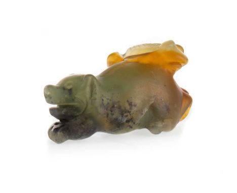 CHINESE TANG STYLE JADE FIGURE, 20TH CENTURY modelled as a bear and carp, the larger posed lying down, likely a pendant5.2cm 